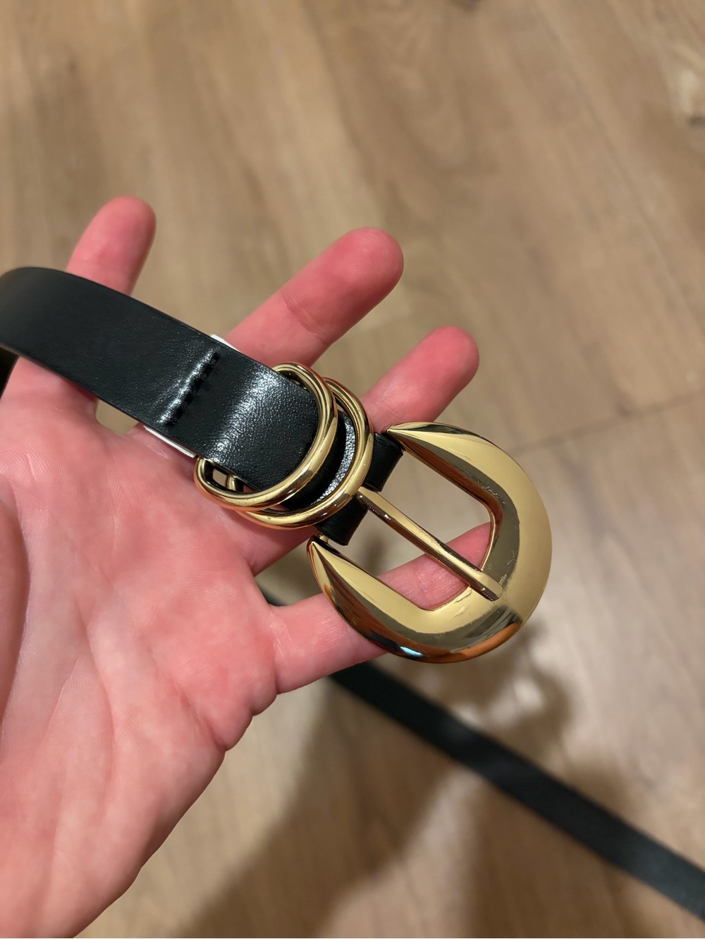 Slim Black Leather Belt with Gold Buckle